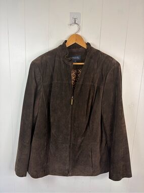 JNY Women’s Plus Size 2X brown Suede Leather Fall Jacket Leopard Print Lined